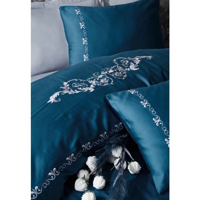 Brode Saten bettwäsche-set 200x220cm bestickt satin gloria blau
