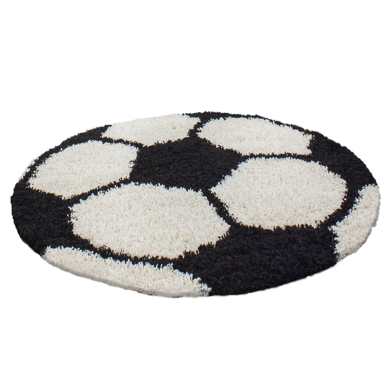 Fun Shaggy fußball kinderzimmer teppich hochflor rund Ø 120cm schwarz