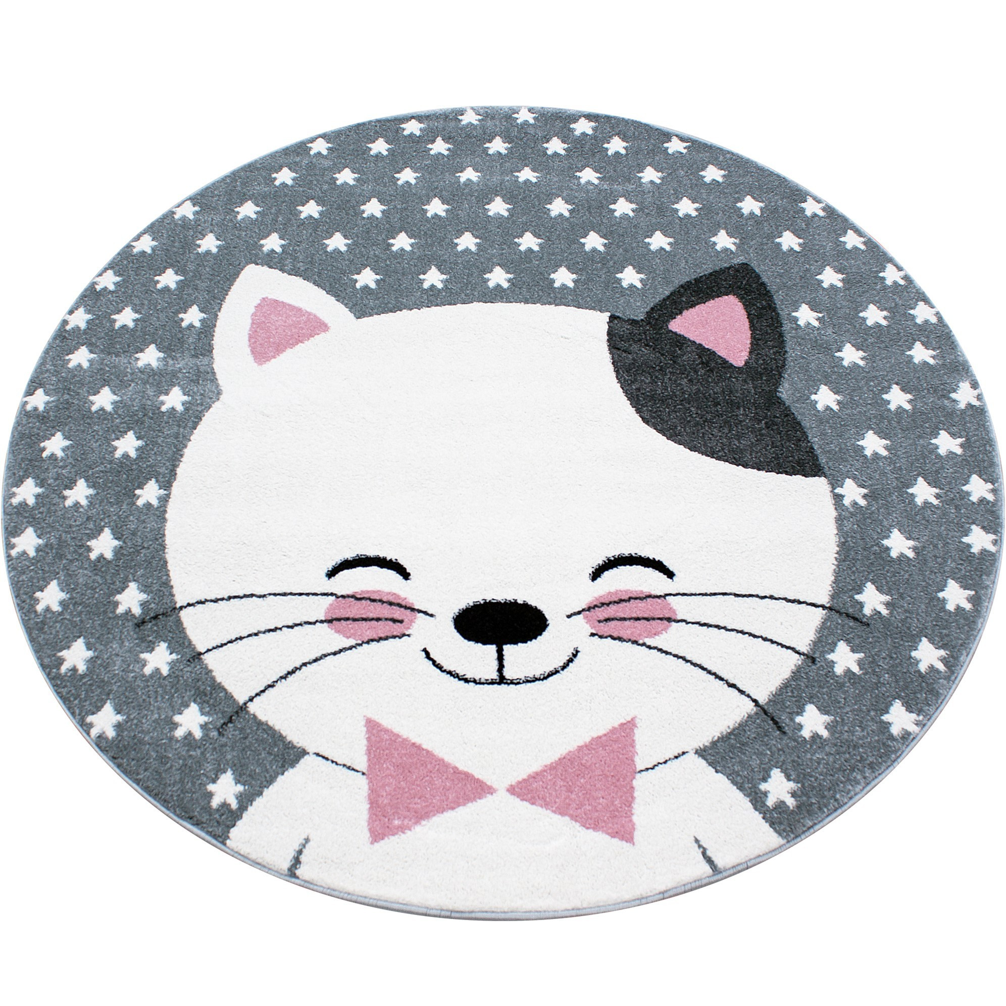 Kids Kätzchen kinderzimmer teppich kurzflor rund Ø 120cm rosa