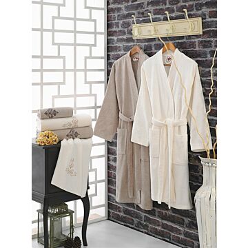 Familie bademantel-set bestickt s/m & m/l creme/lachsfarben